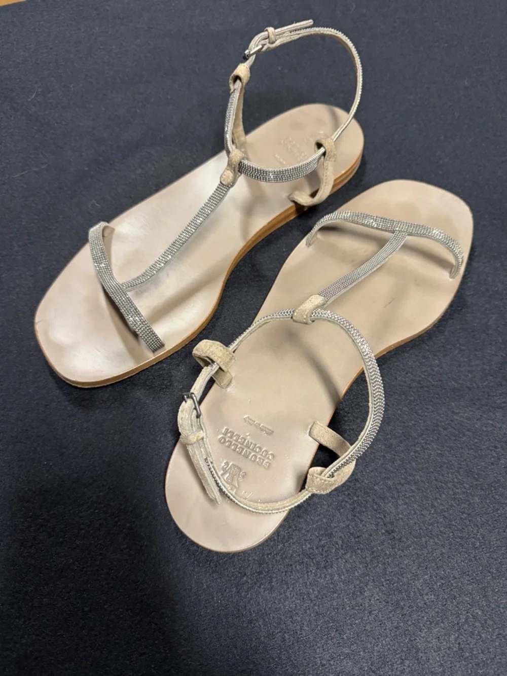 Brunello Cucinelli Metallic Beige T-Strap Sandals - Picture 1 of 4